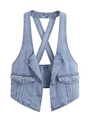 Women's Summer Jean Vest Sleeveless Cross Backless Vintage Denim Vest Top Lapel Button Cropped Waistcoat