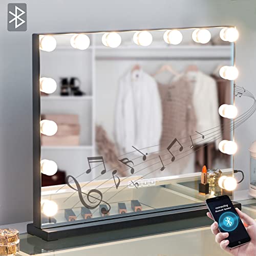 Hansong Bluetooth Black Vanity Makeup Mirror with Lights Hollywood Mirror with 3 Color Lighting Modes 15 Dimmable LED Bulbs Large Vanity Mirror for Bedroom