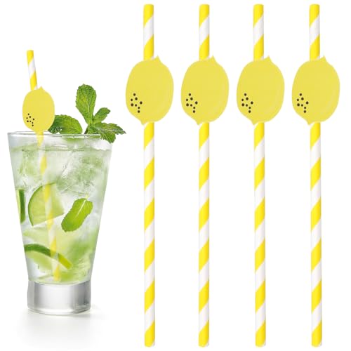 20 pitillos de papel a rayas amarillo limón miniatura 1