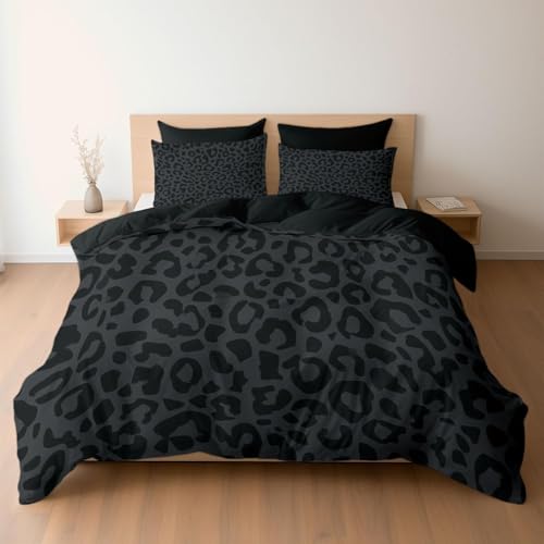 Funda Nordica Cama 180 Negro Funda de Edredón 260x240 cm 3D Leopardenmuster Ropa de Cama 3 Piezas de Microfibra Hipoalergénica y 2 Fundas de Almohada 50x75cm, t1895