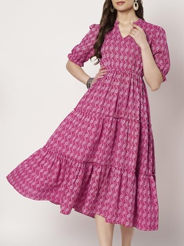 Image of Dress for Women | One Piece for Women | Long Stylish Women Dress Fit & Flare Maxi Dress, Cotton Summer Calf Length Dress