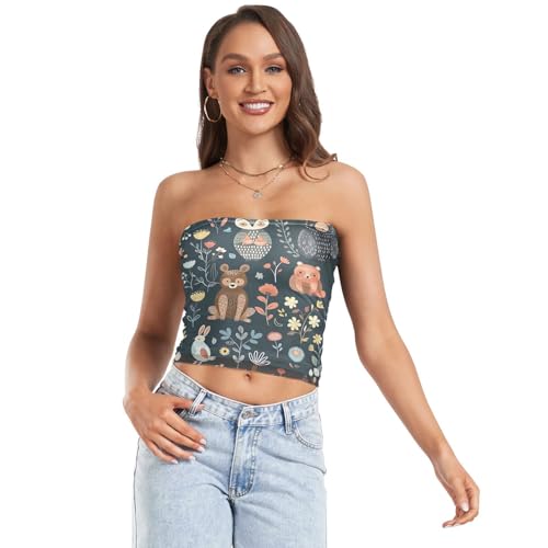 Lindos animales, búho, oso, conejo, azul, camiseta de verano, sin tirantes, top de tubo transparente, ombliguera moderna (S), Cute Animals Owl Bear Rabbit Blue, S