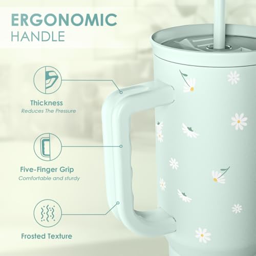 Image of Daisy 40oz Tumbler with Handle and Straw - Flower Insulated Stainless Steel Travel Coffee Mug for Women Girls - Gift Idea for Birthday Christmas Mothers Day