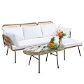Devoko Outdoor Patio Furniture Set, Outdoor Sectional Conversation Rope Woven L-Shaped Sofa Set with Patio Table and Thick Cushions for Backyard Porch Balcony Garden, White