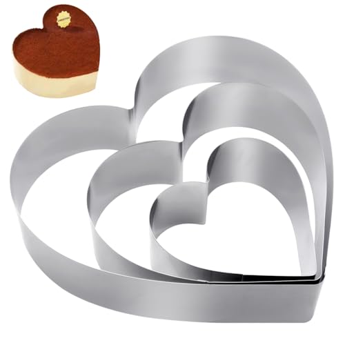 GYSRXS 3 peças anel de bolo em forma de coração moldes cortador de coração moldes para bolachas de aço para assar bolo sobremesa bolachas, diâmetro 10/15/20 cm
