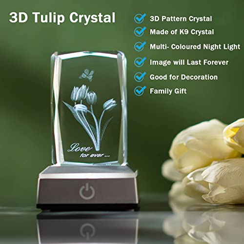 Kanpura 80Mm 3D Tulip Crystal With Led Colourful Light Base, Romantic Night Light Gifts For Girlfriend Wife Mom And Women,Anniversary Valentines Birthday Wedding Unique Special Presents #TOP2
