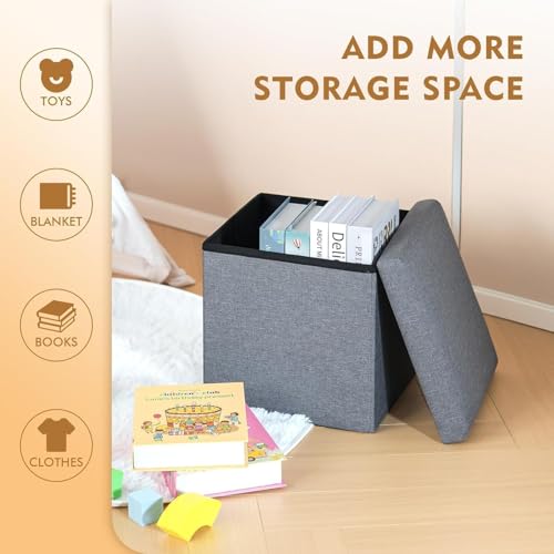 Image of JUGTE Folding Storage Ottoman, Long Sofa Bench, Fabric Linen Footrest Stool for Makeup Cosmetic Laundry, Toys Storage Organizer Bin Box with Lidded Cover (Grey)