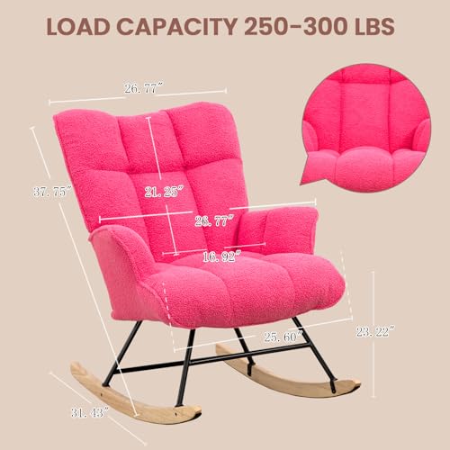 Image of SAETSFEG Rocking Chair Nursery Teddy Upholstered Glider Rocker Rocking Accent Chair Padded Seat with High Backrest Armchair Comfy Side Chair for Living Room Bedroom Offices (Hotpink Teddy)