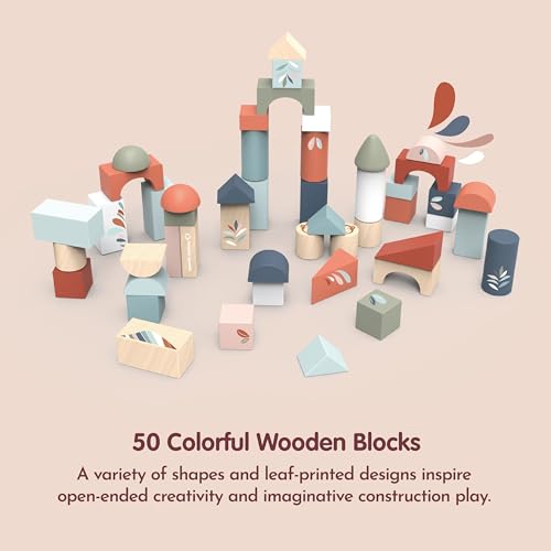Image of SPEEDY MONKEY Wooden Building Blocks Set 50 Pieces STEM Learning Toy | 50-piece construction set, stacking toys, building blocks, preschool toys, STEM spatial reasoning, creative block play, gift