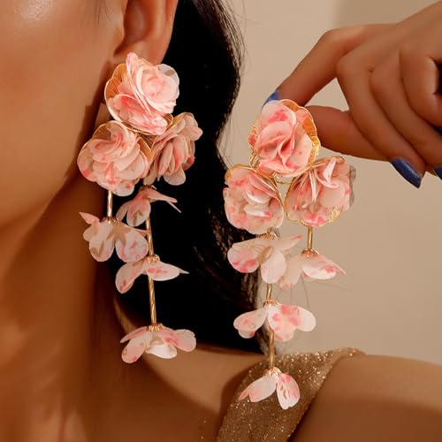 Bohemia Fabric Flower Earrings,Long Tassel Earring Fashion Floral Stud Exaggerated Statement Y2K Aesthetics Summer Beach Earring Jewelry for Women2