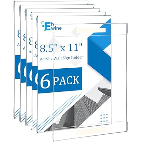 EHWINE 6 Pack 8.5 x 11 Wall Mount Acrylic Sign Holder, Wall Signs Photo Menu Flyer Display Holders, Plastic Clear Acrylic Wall Frames for Office Home Hotel Business Store (with Adhesive Tape) Cover