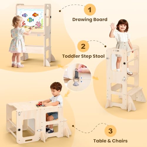 4-in-1 Toddler Kitchen Step Stool, Foldable Learning Standing Tower with Whiteboard, Wooden Kitchen Stool Helper for Kids, 1-3 Year Old Boy Girl Gifts
