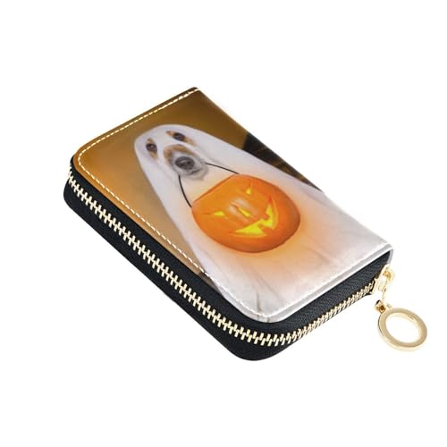 Funny Dog Ghost in Pumpkin Lantern Or Light RFID Credit Card Holder Wallets for Women, Leather Zipper Card Case Accordion Wallet for Women Girls - Main Image