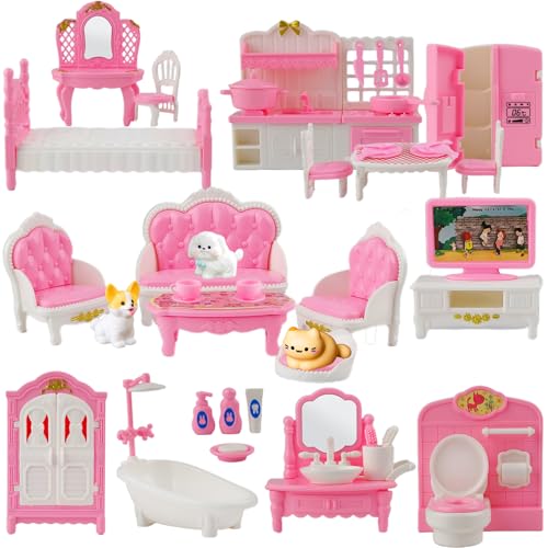 46 Pcs Dollhouse Furniture Set,Miniature Dollhouse Accessories 1:12 Doll Furniture with Cat,Dog,Kitchen, Dining Room,LivingRoom,Bedroom Mini Doll...
