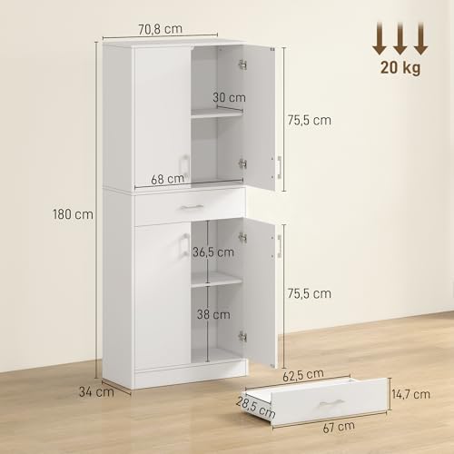 HOMCOM Alacena de Cocina con 4 Puertas 1 Cajón y Estantes Ajustables Antivuelco Armario de Cocina Moderno para Comedor Salón 70,8x34x180 cm Blanco y Plata - imagen 3