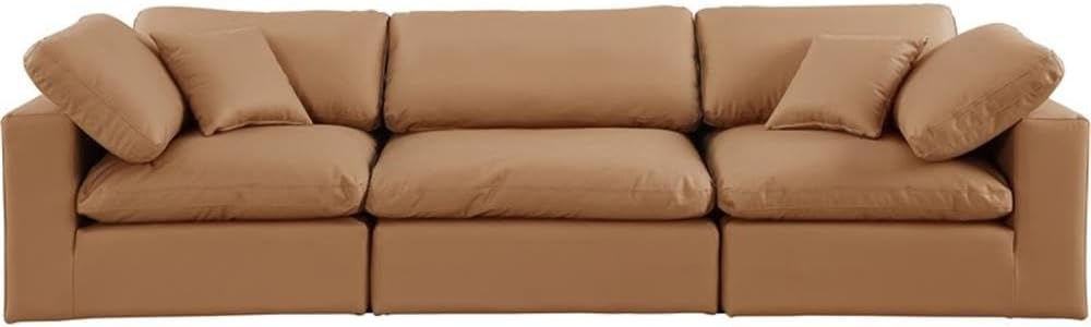 BOWERY HILL Contemporary Vegan Leather Modular Sofa, Cognac Upholstery, 3-Piece Set, Overstuffed Fiber Cushions, Thick Foam Frame, 119" W x 40" D x 34.5" H, Versatile Living Room Seating