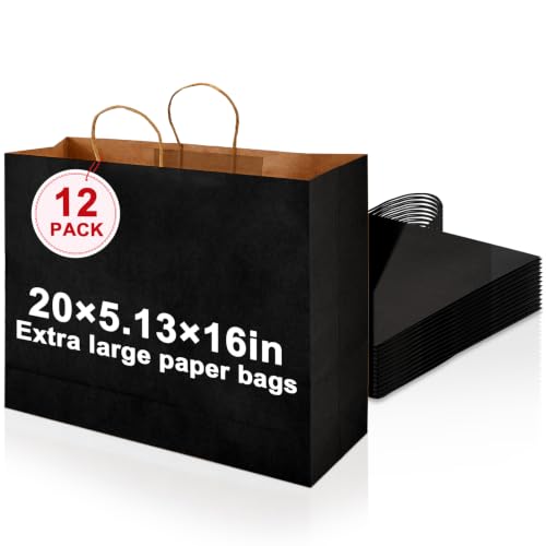 Maitys 12 Pack 20 x 16 x 5 Inch Extra Large Black Paper Bags with Handles