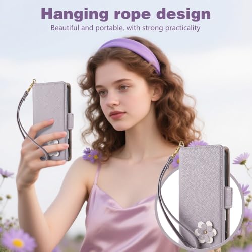Étui iPhone 17 Air bleu clair portefeuille en cuir à rabat avec motif fleur élégant - 6