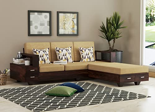 Image of Solid Sheesham Wood L Shape 5 Seater Sofa Set for Living Room, Wooden 5 Seater L Shape Sofa Set with Cushions (L Shape, Walnut)
