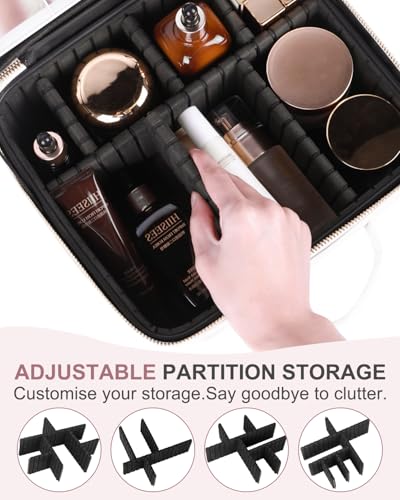 MAYFIY Makeup Bag with LED Mirror, Makeup Organizer Train Case with 1X,2X,3X Vanity Mirror, Adjustable Brightness in 3 Color Settings, Portable Make up Bag with Brush Holder & Storage Dividers, White