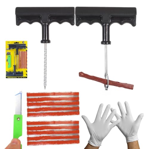 NOOGUI - Kit Antipinchazos Coche - Kit Repara Pinchazos Coche - Reparación Rápida en 15 Minutos - Incluye 10 Mechas Pinchazos Coche, 2 Herramientas en T, Guantes y Cúter