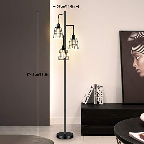 Industrial 3-Light Tree Floor Lamp With Cup-Shaped Cages Farmhouse Rustic Tall Standing Lamp For Living Room Vintage Elegant Black Pole Light With Edison E26 Base Metal Shade For Bedroom Office Hotel #TOP1