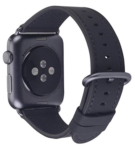 JSGJMY Leather Band Compatible with Apple Watch 38mm 40mm 41mm 42mm 44mm 45mm Women Men Strap for iWatch SE Series 7 6 5 4 3 2 1(Black with Space Grey Clasp, 38mm/40mm/41mm S/M)