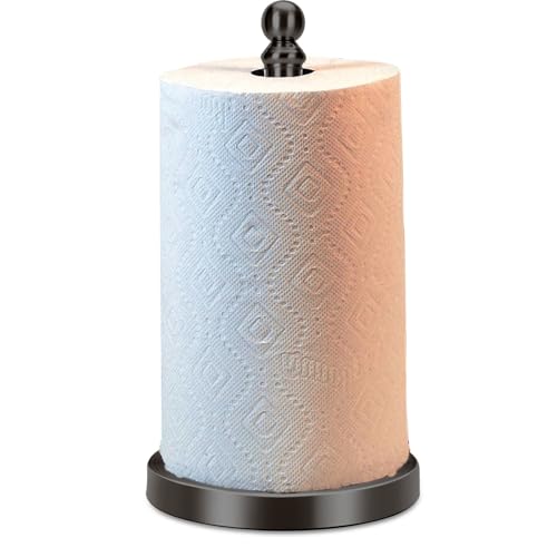 Black Paper Towel Holder Countertop, Standing Paper Towel Roll Holder for Kitchen Bathroom, with Weighted Base for One-Handed Operation, Stainless Steel in Black Matte Finish