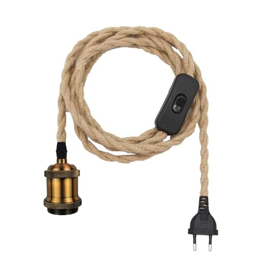 Mkichi Lámpara Cuerda Colgante Vintage,Cáñamo Lampara de Techo Colgante,E27 Portalamparas con Enchufe y Interruptor,Cable de Cuerda Lámparas Colgantes Para para Comedor Dormitorio Sala (Bronce 2M)