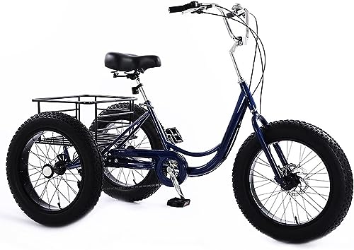 20-Zoll-Dreirad-Trikes for Fahranfänger, 7-Gang-Dreiradfahrräder, dreirädrige Fahrräder mit niedrigem Einstieg und hinterem Korb, Verstellbarer Lenker (Color : Blue)