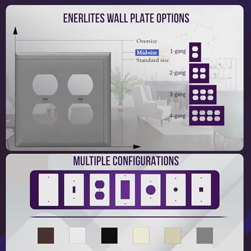 Image of ENERLITES Double Duplex Wall Plate, Two Electrical Outlet Cover, Mid-Size 2-Gang 4.88 inch x 4.92 inch, Unbreakable Polycarbonate Thermoplastic, UL Listed, 8822M-GY, Gray