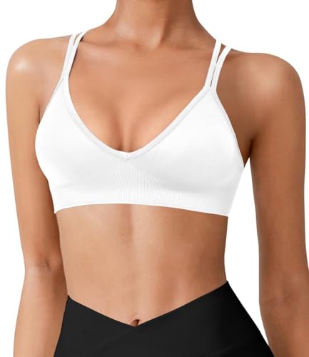 Image of VEQKING Seamless V-Neck Cross Back Women Sports Bra for Small Chest, 3 Pack | Made for A-C Cups, Spaghetti Straps, Removable Padded, Comfort Wireless for Low Impact Workout: Yoga, Lounging & Daily Wear