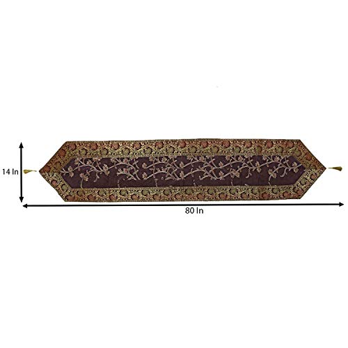 Image of E-EZRA Ari Zari Embroidery Table Runner for Dining Table 6 Seater 72IN Indian Satin Traditional Long Runner Up with Tassels Coffee Tablecloth (Purple)
