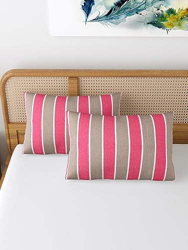 Image of 180 TC Pillow Cover Set of 2 | Pillow Cover Cotton 100% | Pillow Cover Set of 2 King Size | Wrinkle Free & Fade Resistance | Striped Pattern | Standard Size | All Season Use (Light Pink)