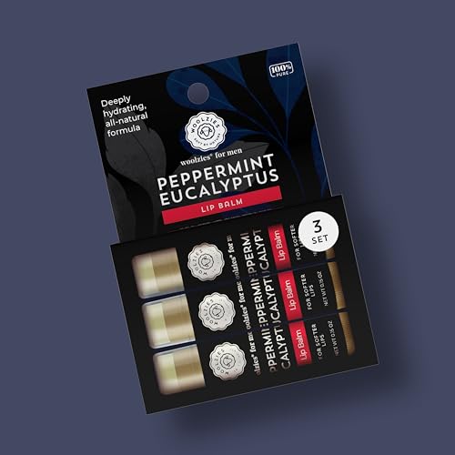 Woolzies Peppermint Essentials Lip Balm Set: All-Natural Shea Butter, Beeswax, Coconut Oil, Vitamin E Infused Lip Moisturizer Care (3 Pack, Men's)