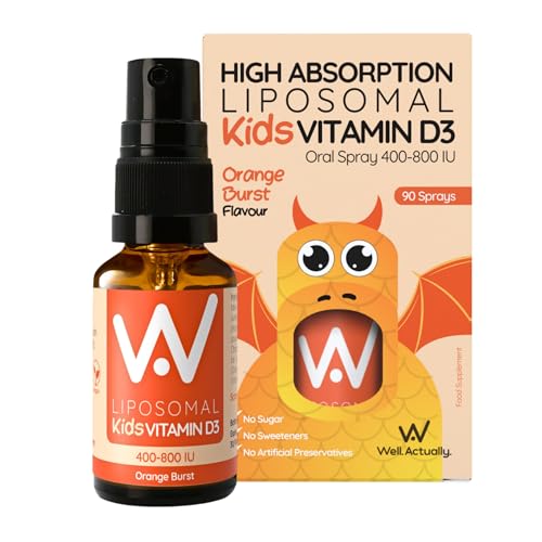 WELL ACTUALLY Kids Liposomal Vitamin D3 Spray 400 IU - High Bioavailability, Fast Absorption Vegan VIT D as Cholecalciferol for Children | Immune, Bone, Teeth Support | Orange Burst (90 Sprays)