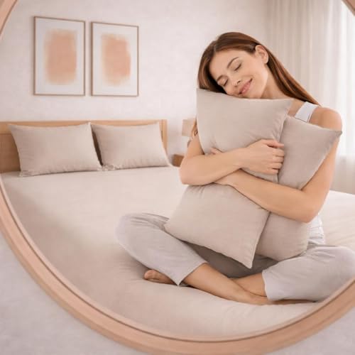 Image of THE HOME STYLE Solid Plain Cotton Feel Fitted Bedsheet King Size (72x78 inches) | 2 Pillow Covers | 300 TC | Elastic Fit | Fits Upto 8 Inch Mattress (Vanilla)