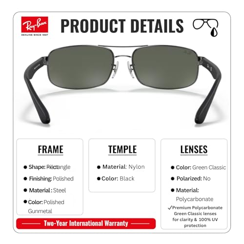 Image of Ray-Ban RB3445 Rectangle Shaped Sunglasses for Men with Official RAYBAN Eyewear Kit