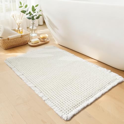 GRLYUH White Bathroom Rugs, Waffle Bath Mat Non Slip Washable, Super Absorbent & Quick Dry, Small Boho Bath Mat Farmhouse Bathroom Decor, 18'' x 30'', White