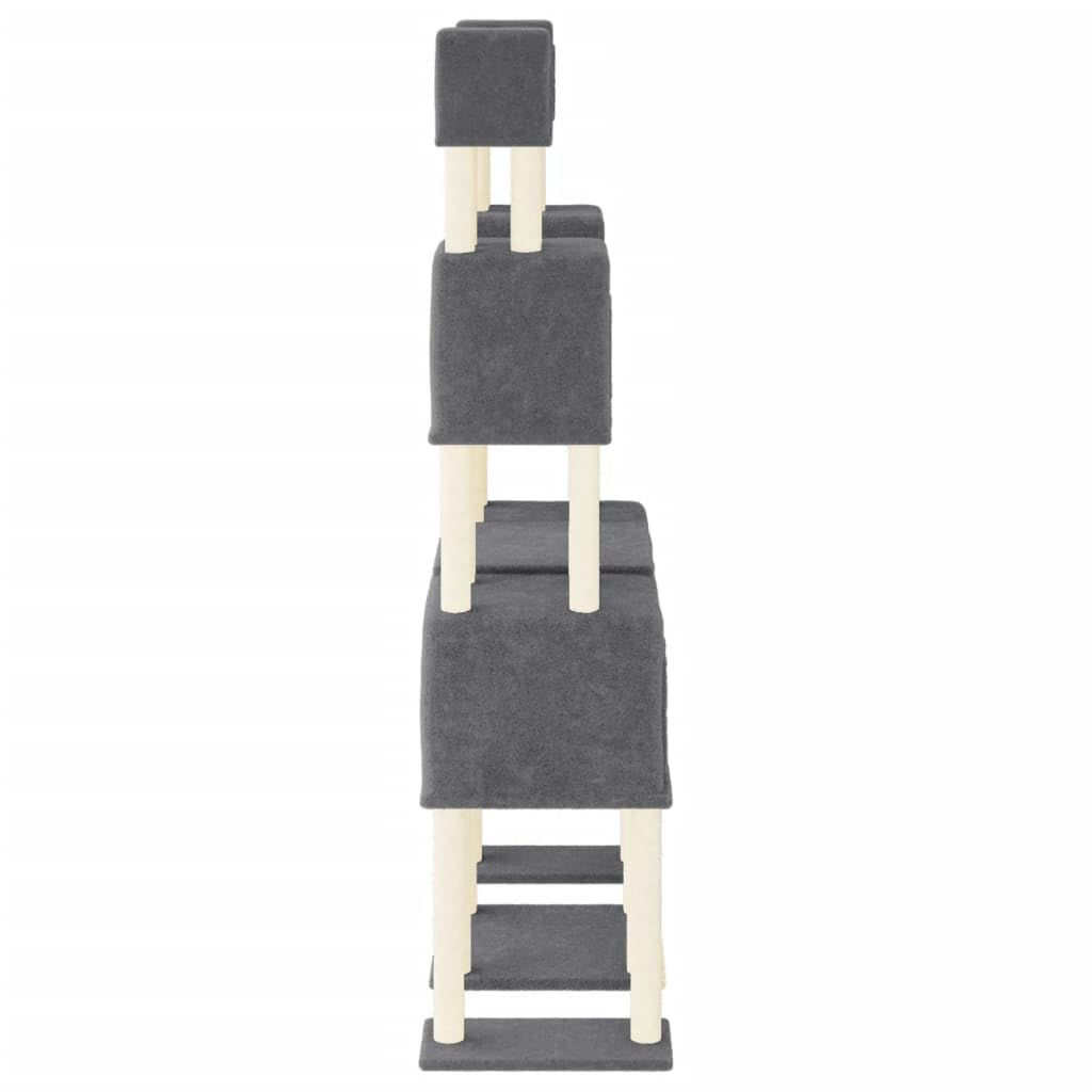 Kratzbaum 199cm hoch mit 6 Höhlen & Sisalstämmen Dunkelgrau | Kletterturm fürs Wohnzimmer mit Liegemöglichkeit aus Holzwerkstoff und Plüsch für aktive Katzen.