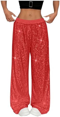 Womens Sequin Pants Glitter Sparkle High Waist Wide Leg Pant Loose Bling Trouser for Dance/Christmas Party/Clubwear