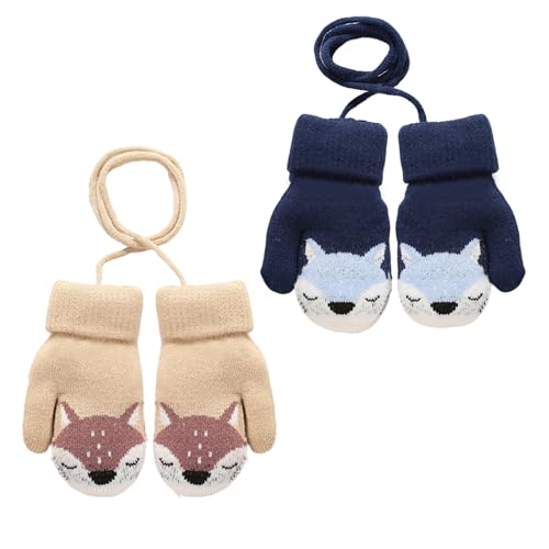 Solivive 2 Paires de Moufles Bébé Tricoté,Gant Enfant Chaud avec Cartoon Mignon Gloves, moufle bebe,Doublure en Fourrure et Corde Anti-Perte pour Enfants...