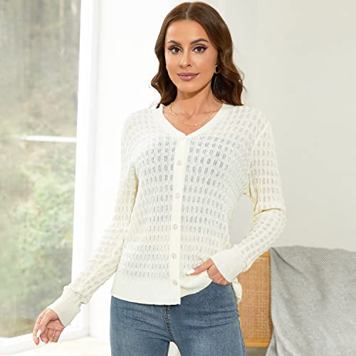 Eanuer Women's Lightweight V Neck Long Sleeve Button Down Hollow Out Wool Cardigan Sweaters Beige #TOP2