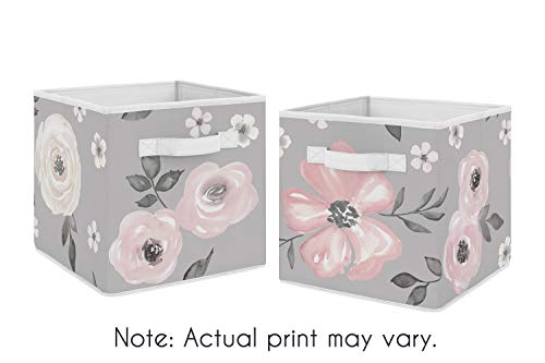 Image of Sweet Jojo Designs Grey Watercolor Floral Foldable Fabric Storage Cube Bins Boxes Organizer Toys Kids Baby Childrens - Set of 2 - Blush Pink Gray and White Shabby Chic Rose Flower Farmhouse