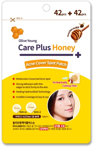OLIVE YOUNG 1 Pack Care Plus Honey Scar Cover Spot Patch 84ea (10mm 60ea + 12mm 24ea) - Contains Manuka Honey Acne Pimple Scar Cover Patches, Moist Wound Dressing for Skin Trouble Care Hydrocolloid Patch