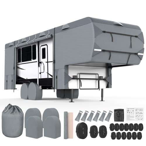 DenForste 5th Wheel RV Cover, 37'-41' Camper Cover, Upgraded 8-Layer UV Protected RV Cover, Wind and Water Resistant with Extra Harness, Tire Cover and Gutter Cover