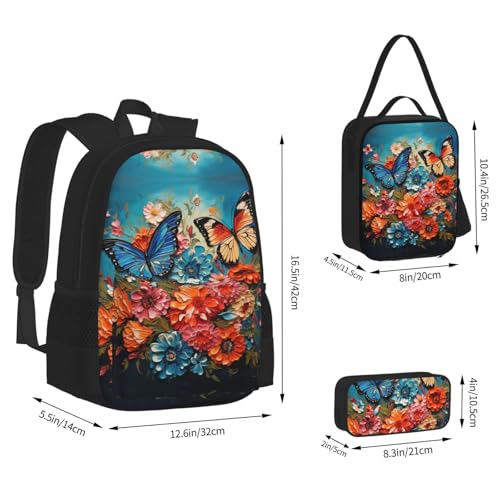 nanger Flowers And Butterfly Print 3-Piece Set Backpack, Lunch Bag And Pencil Case, For Travel, College, And Daily Use4
