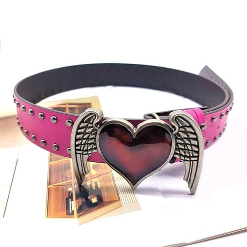Eye Catching Rivets Waist Belt with Heart&Wing Buckle for Adult PU Waist Belts for Women Coat Dress Adjustable Length, 105x3.8cm, Black3