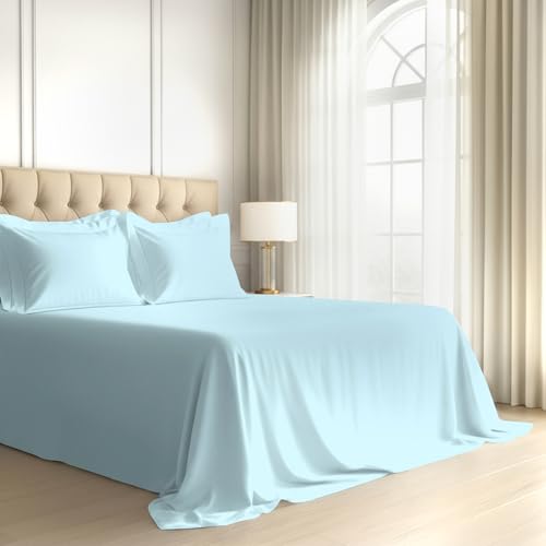 Image of Pizuna 100% Cotton Bedsheet Super King Size Baby Blue, 800 Thread Count Long Staple Combed Cotton Flat Bedsheets 108x108 Inches with 4 Pillow Covers, Bed Sheet for Super King Size Bed
