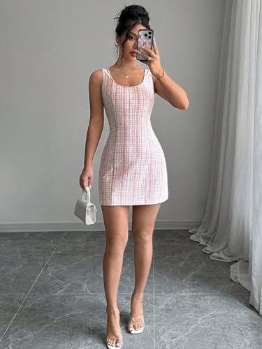 Image of Womens Summer Short Elegant Dresses Bodycon Formal Plaid Pencil Scoop Neck Dresses for Women 2025